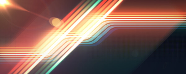 Futuristic glow 1970s rainbow line background design with light leaks and lens flare. Abstract vintage retro style concept illustration with colorful wavy lines
