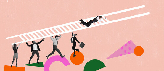 Contemporary art collage. Motivated and concentrated employees in motion, action. Concept of teamwork, support, professional growth and promotion