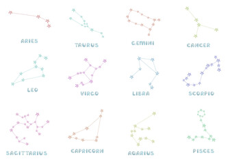 Watercolor illustration of hand painted constellations: Aries, Taurus, Gemini, Cancer, Leo, Virgo, Libra, Scorpio, Sagittarius, Capricorn, Aquarius, Pisces. Zodiac signs, stars, planets