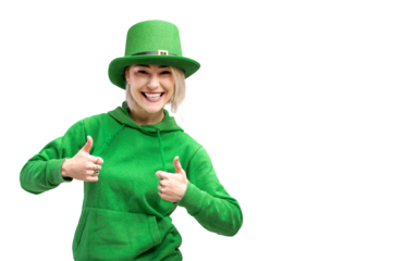 PNG Shot of a beautiful smiling woman wearing green hat. St. Patrick's Day celebration. Transperent background.