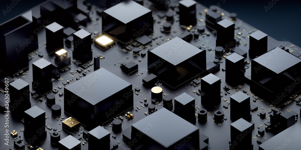 Poster high-tech computer electronic background with circuit board and microchips. perfect for technology o