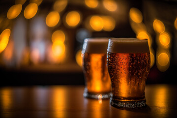 Glasses of beer in the bar, beautiful bokeh background, 
and relaxing vibes, copy space.