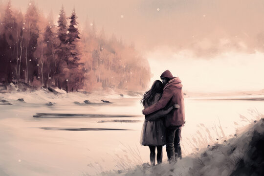 Couple in love hug, surreal landscape romantic scene, valentines day post card template idea, generative ai