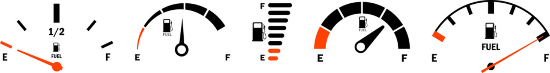 Fuel gauge scale and fuel meter. Fuel indicator. Gas tank gauge. Speedometer, tachometer, indicator icons. Performance measurement
