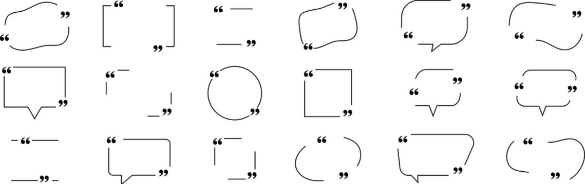 Collection of quote box frames and icons. Text in brackets. Blank template of quote remarks. Empty speech and quote bubbles of different forms. Textbox