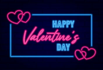 happy valentine's day neon sign, bright light banner, neon hearts, vector illustration