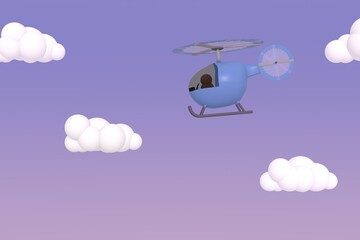 Helicopter flying through the blue sky with white puffy clouds. 3D render.