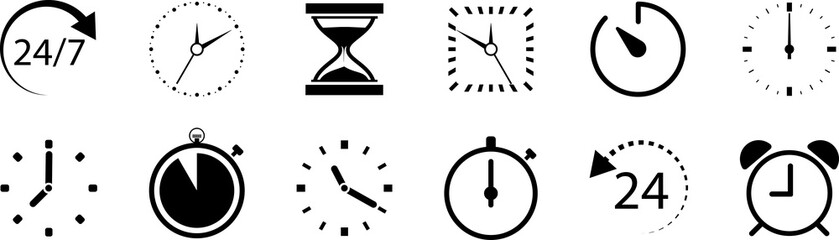 Clock icon. Collection of different clocks. Watch, time icon, symbol. Black and white design