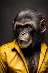 A beautiful majestic chimpanzee monkey wearing a yellow leather jacket - AI generative technology