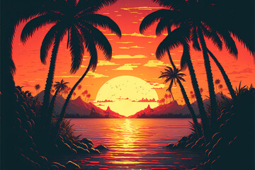 Obraz na płótnie Canvas 80's or 90's retro sunset landscape, Evening on the beach with palm trees, Colorful picture for rest. Palm trees at sunset, generative ai.