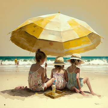 Ni&ntilde;os y ni&ntilde;as debajo de una sombrilla en la orilla de playa. Generative IA.