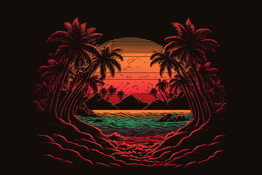 80's or 90's retro sunset landscape, Evening on the beach with palm trees, Colorful picture for rest. Palm trees at sunset, generative ai.