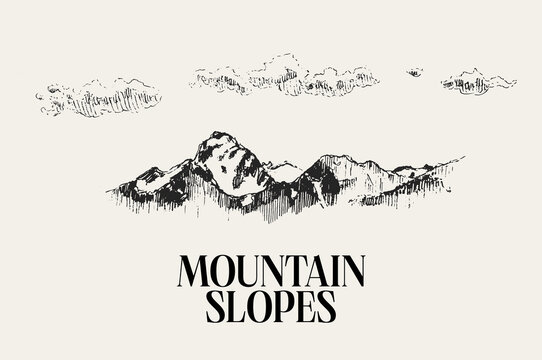 Mountain logo with clouds, hand drawn vector illustration