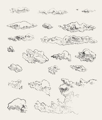 Set of clouds, vector illustration, hand drawn, sketch