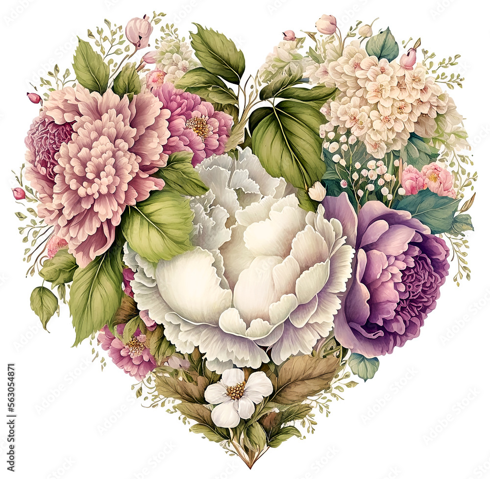 Wall mural Beautiful floral heart with peonies flowers, design for card, isolated on white, digital illustration, generative ai