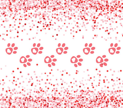 Pink glitter love day pattern with paws. Dog in my Valentine background for card or banner