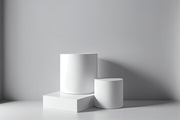 Fototapeta premium Modern white cube and cylinder step pedestal podium with white wall scene background