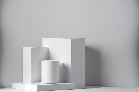 Modern white cube and cylinder step pedestal podium with white wall scene background © surassawadee