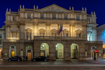 Teatro alla Scala (Theatre La Scala) at night in Milan, Italy. Architecture and landmarks of Milan....