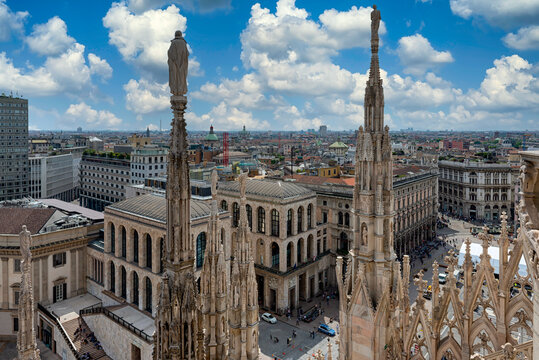 Skyline view from Milan Cathedral (Duomo di Milano), Milan, Italy. Cityscape of Milan. Architecture and landmarks of Milan.