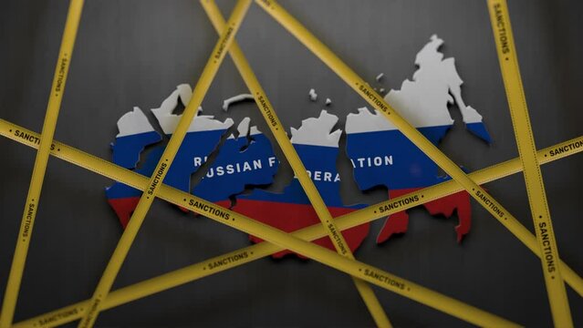3D render concept of finance, oil and gas sanctions embargo against Russian Federation. Visualization of map of Russia split into parts covered with yellow tape. Decay and crisis in Russia. Stop war.