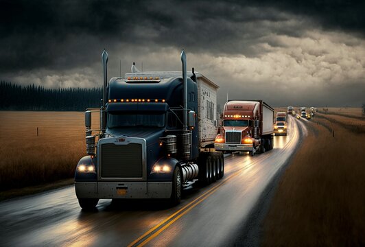 illustration, of transport trucks in line on the highway, image generated by AI