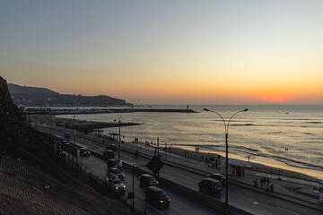 View from the place Costa Verde, of the highway, sunset and beach of Barranco, located in Barranco, Lima - Peru.