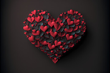 Flat Valentines Day Heart out of little red and black Hearts, Generative AI