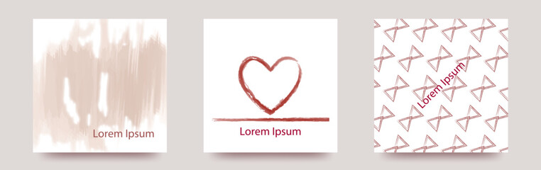 水彩風　インクや色鉛筆のハートと　シンプルベクターイラストテンプレートカードセット/背景/壁紙