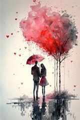 Fond de romance sur le thème de la Saint-Valentin en peinture à l'eau, aquarelle. Idéal pour une carte postale.