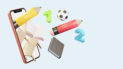 3d render online school on smartphone mobile illustration