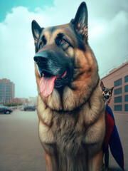 Painting picture of a big dog superhero. Shepherd dog