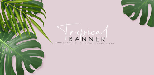 Tropical leaves realistic, summer banner, tropical card, exotic violet background, graphic design, green leaves vector