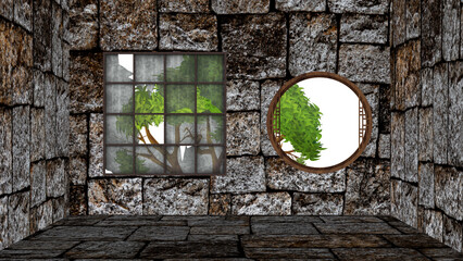 Stone Briks Empty Room with Transparent Window and Green Tree