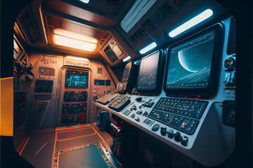 Spaceship interior with many innovative technologi.