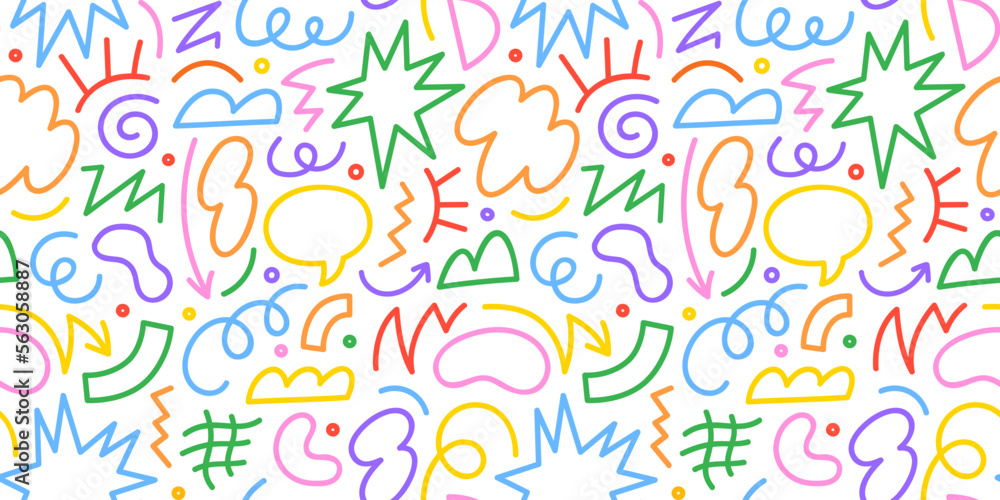 Poster Fun colorful line doodle seamless pattern. Creative abstract style art symbol background for children or celebration design with basic shapes. Simple childish scribble wallpaper print.
