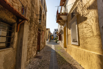 Fototapeta na wymiar Streets and Residential Homes in the historic Old Town of Rhodes, Greece. Sunny Morning.