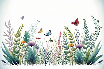 Bordure horizontale sans couture minimaliste avec des fleurs multicolores abstraites, des feuilles et des plantes vertes, des papillons volants. Motif isolé à l'aquarelle sur fond blanc. - obrazy, fototapety, plakaty