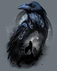 Raven and wolf that howls at the moon - 563059259