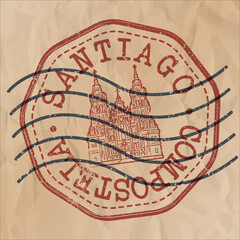 Santiago de Compostela, A Coruña, Spain Stamp City Travel Passport. Design Retro Symbol Famous. Old Vintage Postmark. - obrazy, fototapety, plakaty