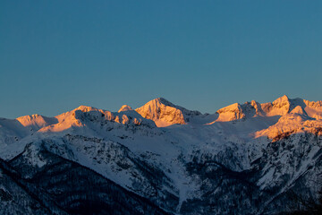 Sunrise in mountains, Bohinj valley, Slovenia	