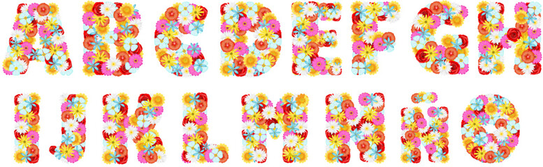 Abecedario occidental de España con letras formadas con flores coloridas para primavera y fondo transparente parte 1