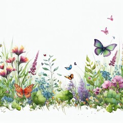 Bordure horizontale harmonieuse avec fleurs multicolores abstraites, feuilles et plantes vertes, papillons volants. Motif isolé à l'aquarelle sur fond blanc, prairie d'été.