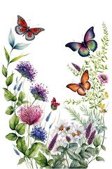 Bordure horizontale harmonieuse avec fleurs multicolores abstraites, feuilles et plantes vertes, papillons volants. Motif isolé à l'aquarelle sur fond blanc, prairie d'été.