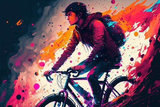 A Journey with Color: A Generative AI-Digital Art Style Illustration of a Young Man Riding his Bicycle with colorful energy