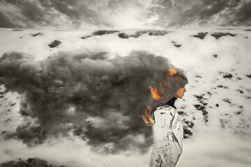 Outdoor scene of a woman with steel wool hair on fire emitting thick black smoke, wearing a coat made of aluminum foil, and standing in front of a mountain of snow in winter