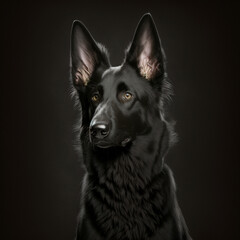 black dog resembling a german shepherd sits on a black background
