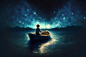 boy rowing a boat in the sea of the starry night,  digital art style, illustration painting, Generative AI
