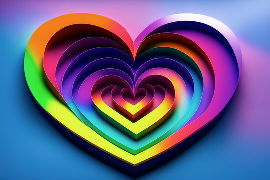 3d Heart decorative made of shapes waves multi colored Neon. Heart concentric shapes in fluorescent rainbow colors. Generative Ai