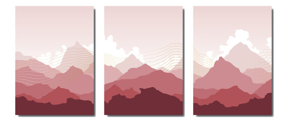 A set of paintings with golden lines and pink mountains at sunset. Vector landscape art of pink sunset with gradient. Modern art design for acrylic canvas, digital prints, wallpapers, posters, wall
